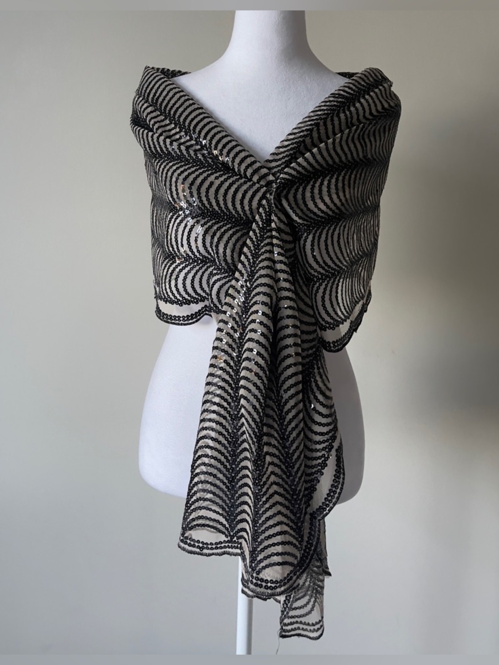 Cejon Black and Cream Scalloped Sequin Wrap Scarf